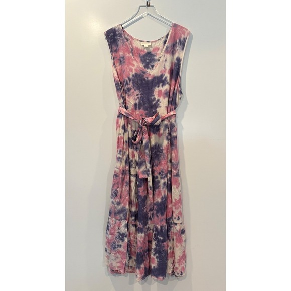Loralette Plus Size Seashore Maxi Dress Serene Tie Dye Belted Tiered V-Neck - Picture 5 of 10